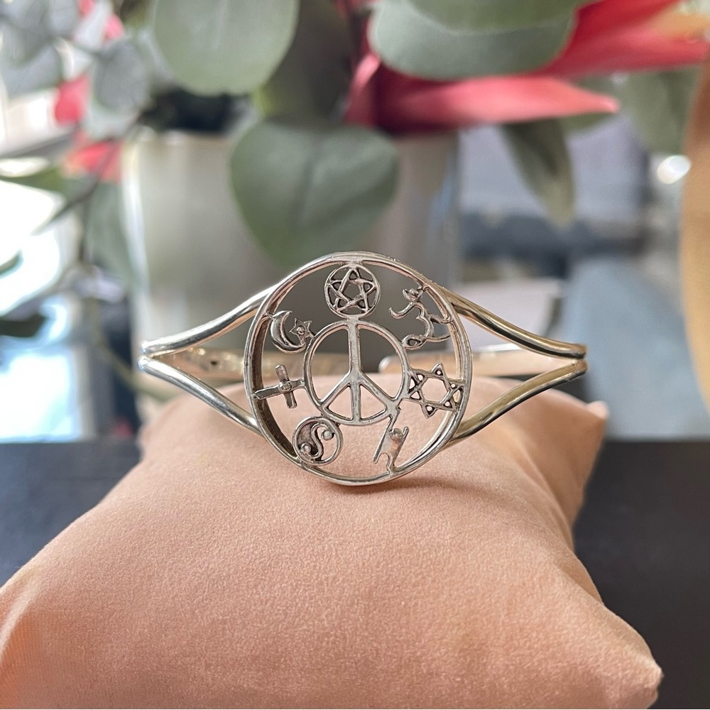 Solid Sterling Sikver 925 Peace And Symbols Cuff Bracelet